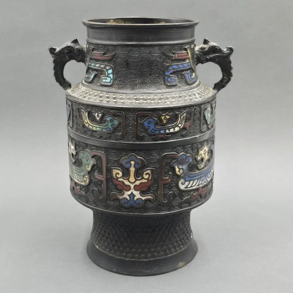 Antique Japanese Bronze Champleve Vase 11
